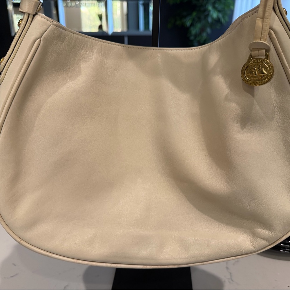 Brahmin Cream Leather Shoulder Bag with Gold Charm